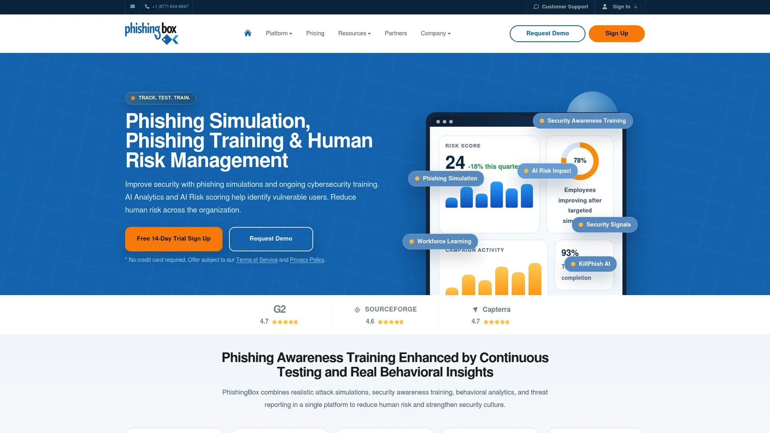 PhishingBox phishing simulation and security awareness training platform homepage
