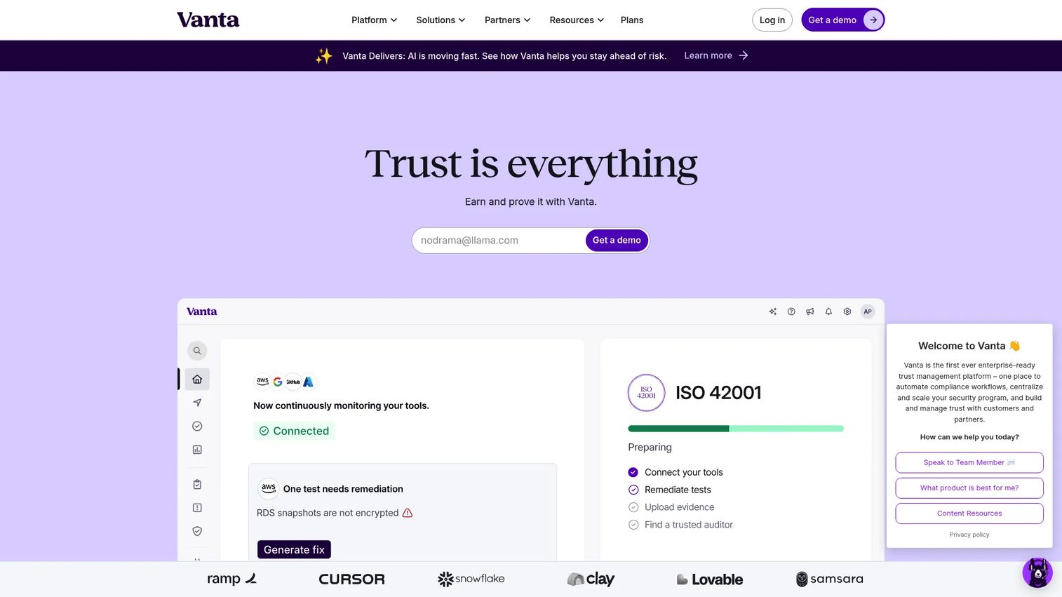 Vanta trust management and compliance automation platform