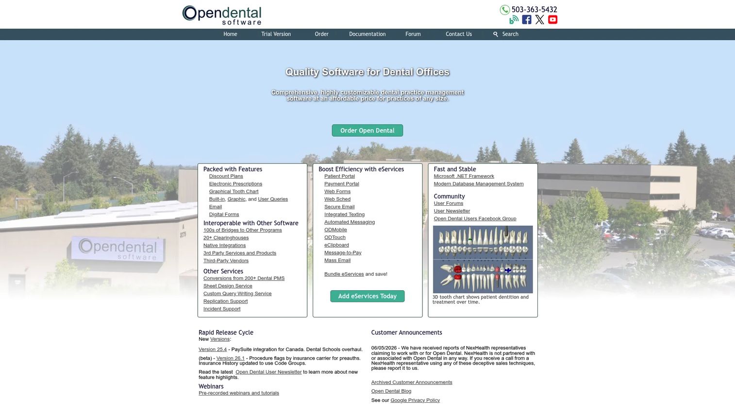 Open Dental practice management software homepage