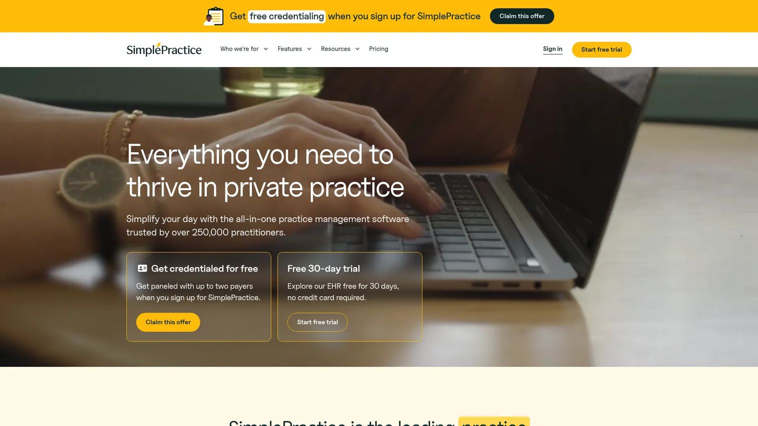 SimplePractice practice management software homepage