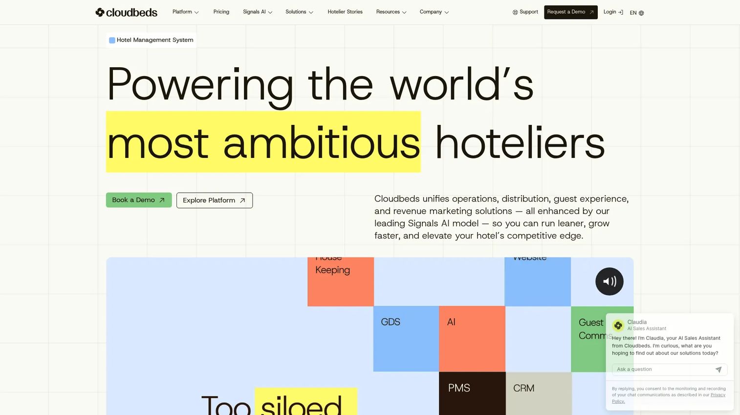 Cloudbeds hotel management software homepage