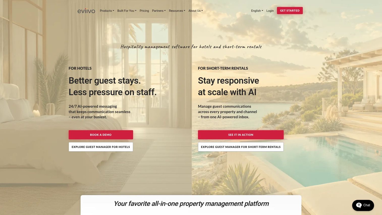 eviivo hotel management software homepage