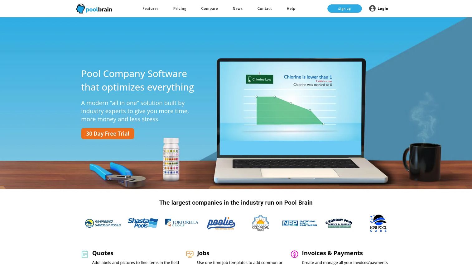 Pool Brain homepage showing pool company software for scheduling, billing, and routing