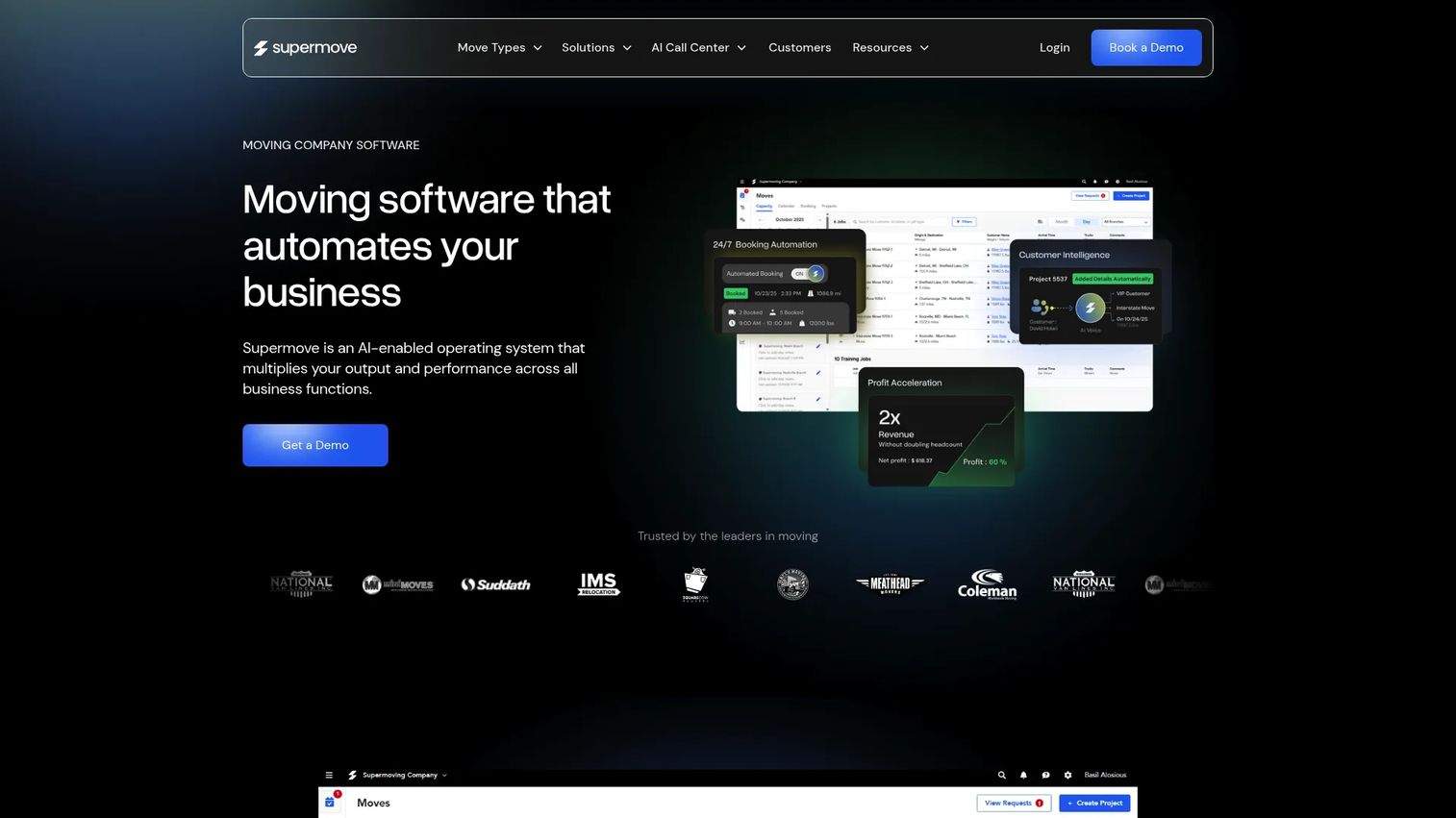 Supermove AI-enabled moving company operating system homepage