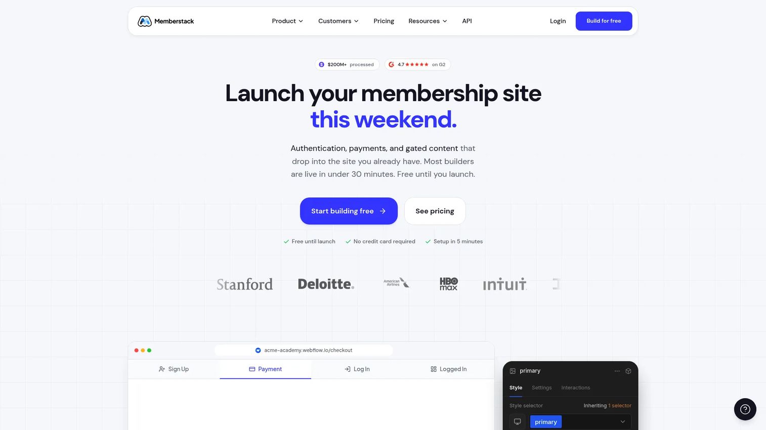 Memberstack authentication and payments platform homepage