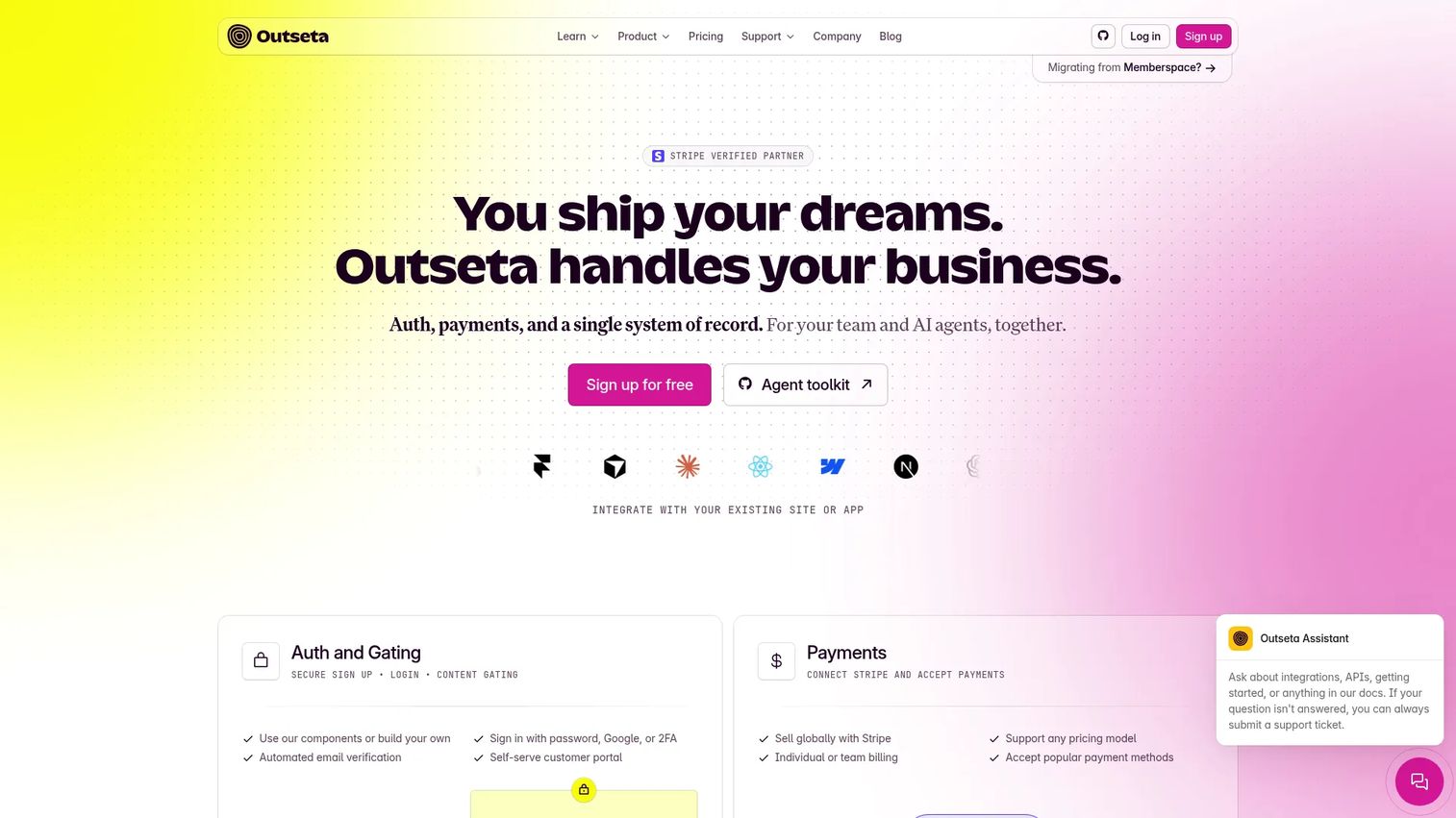 Outseta membership and SaaS platform homepage