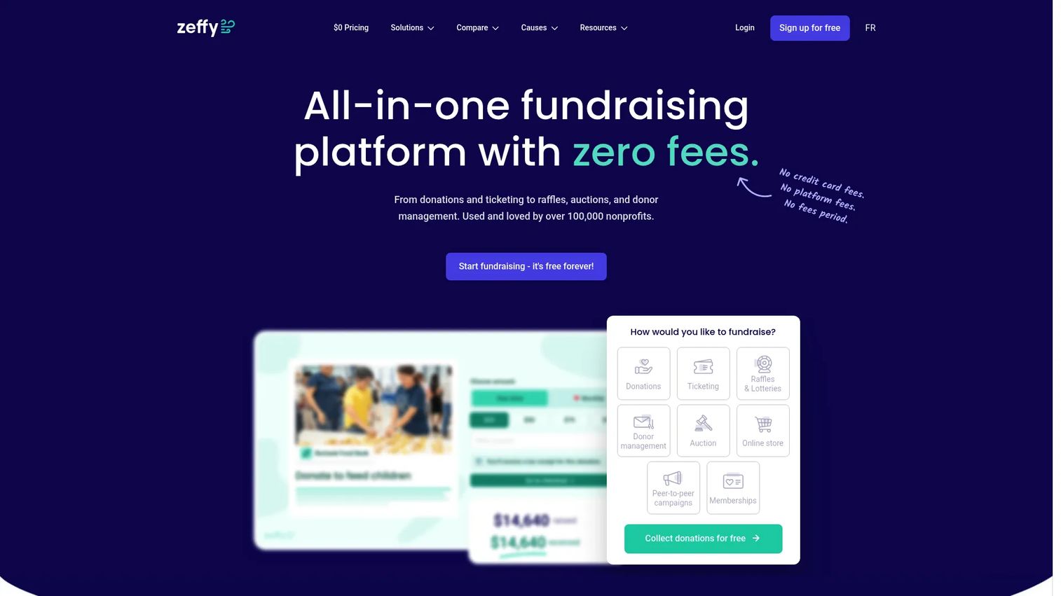 Zeffy free nonprofit fundraising and membership platform homepage
