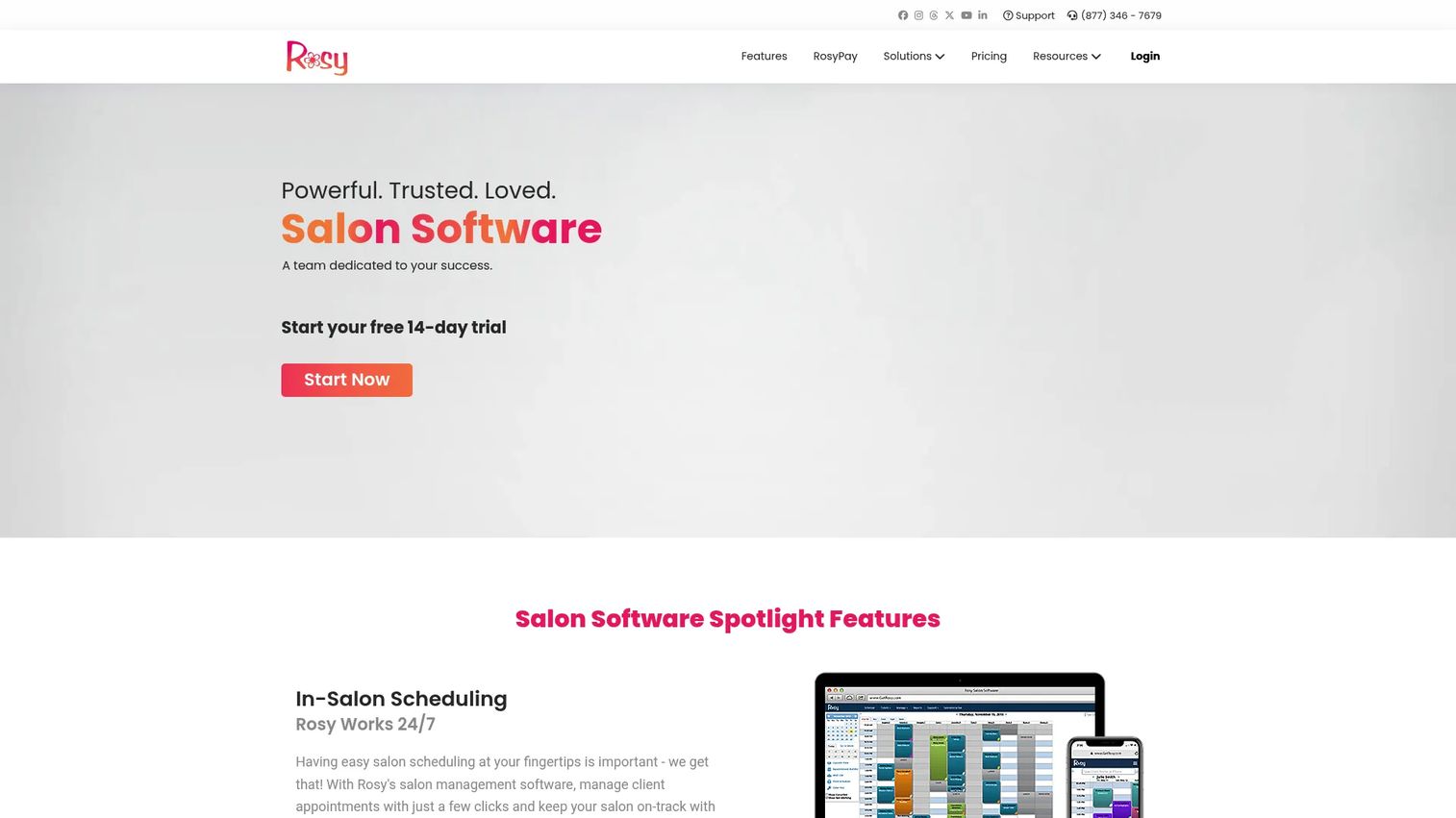 Rosy Salon Software cloud-based scheduling homepage