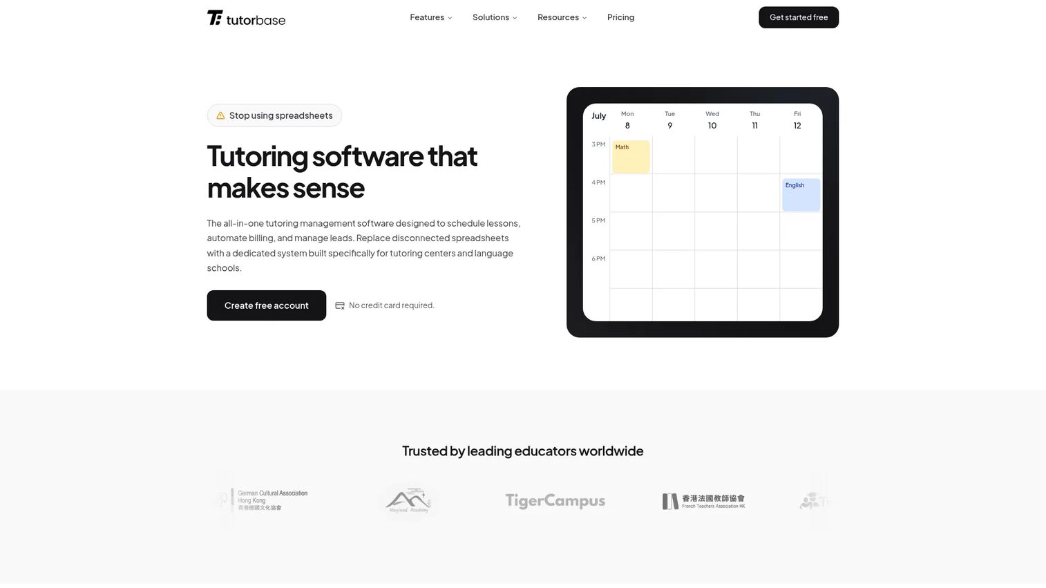 Tutorbase tutoring management software homepage showing scheduling and billing