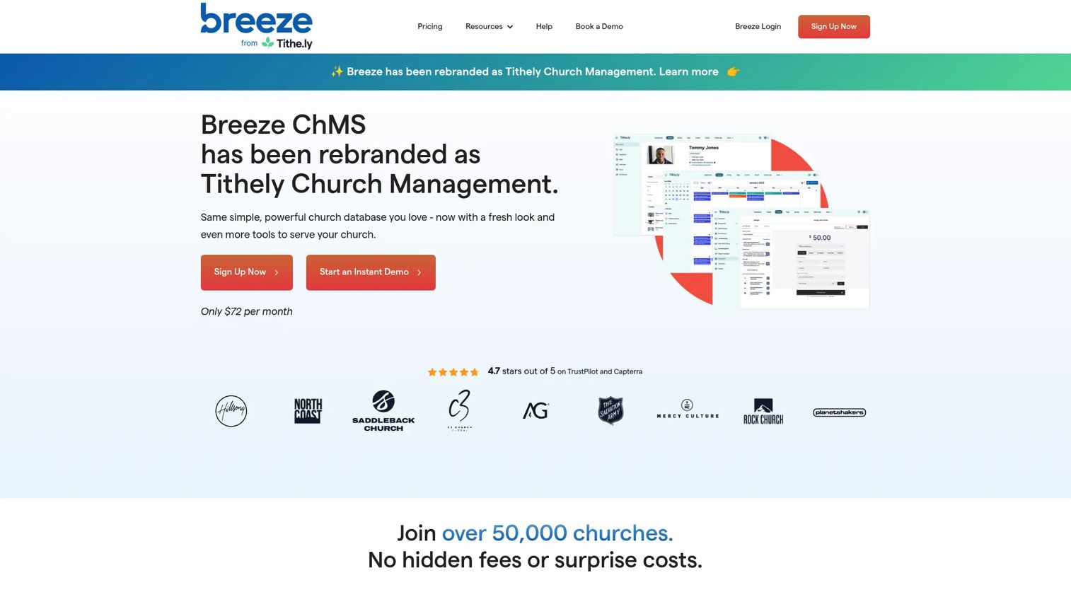 Breeze from Tithely church management software homepage