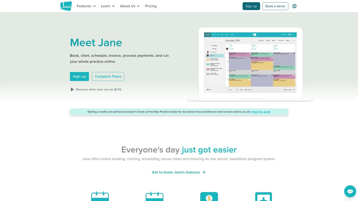 Jane App practice management software homepage