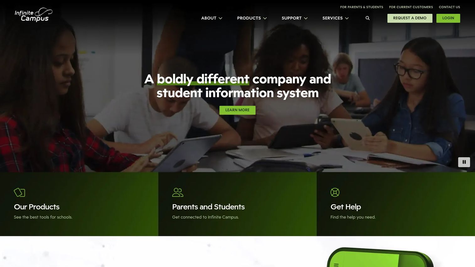 Infinite Campus school management system homepage