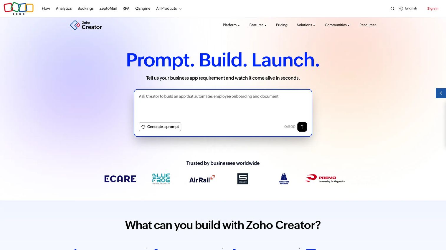 Zoho Creator low-code platform homepage