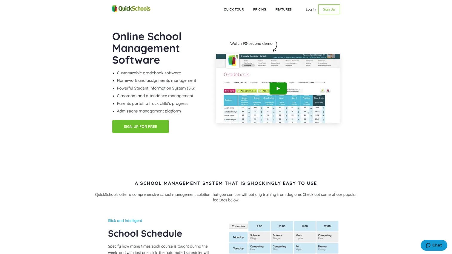 QuickSchools lightweight school management homepage
