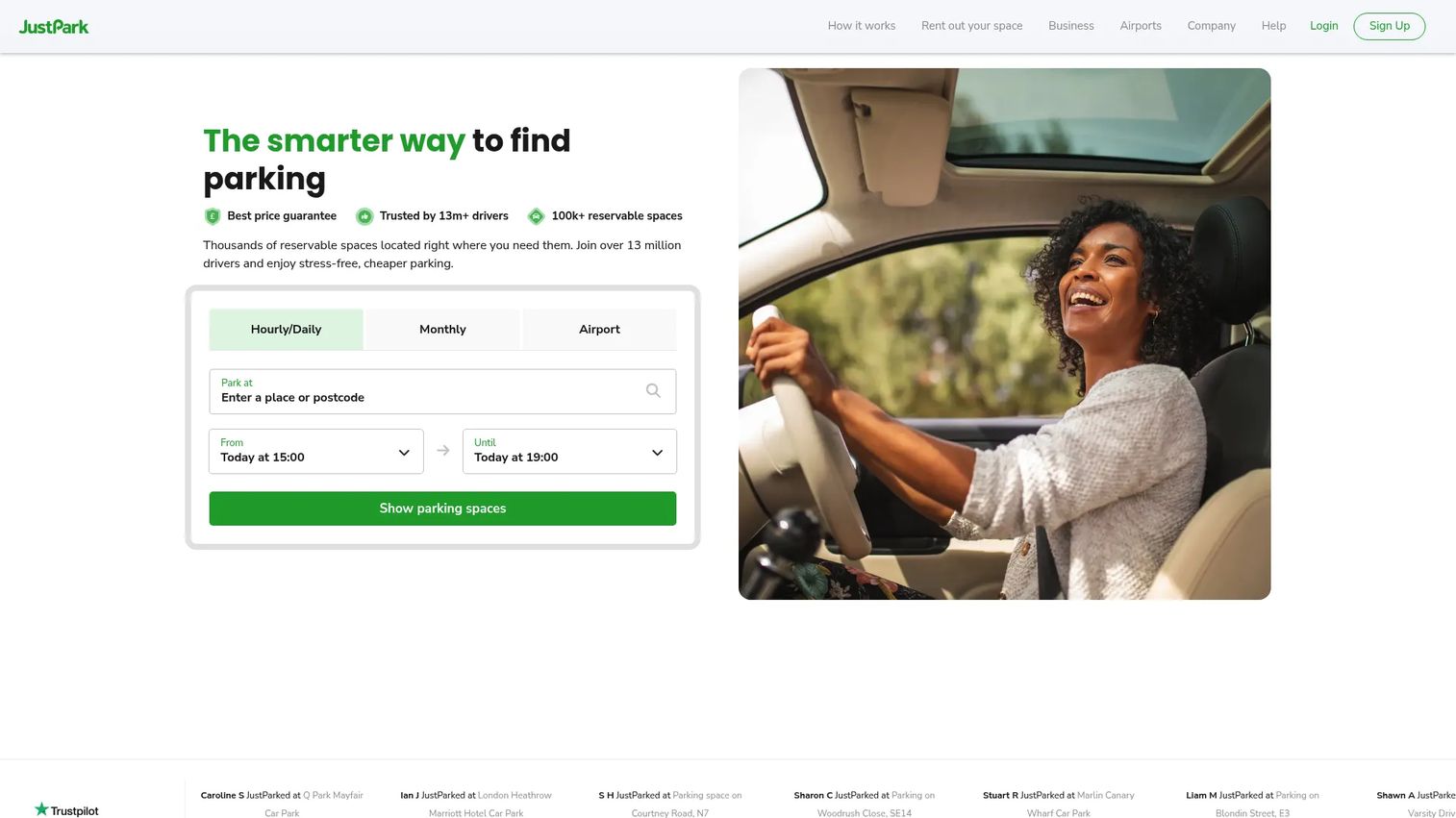 JustPark parking platform homepage