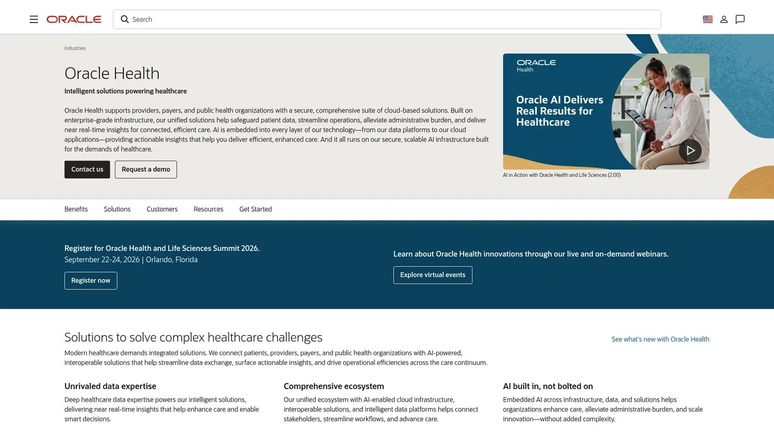 Oracle Health cloud healthcare platform homepage
