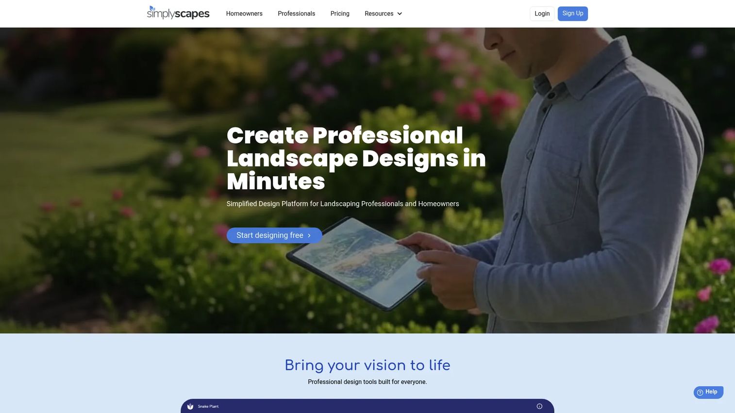 Simplyscapes homepage showing web-based photorealistic landscape design