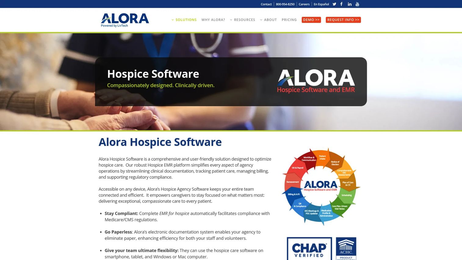 Alora Hospice Software cloud-based hospice EMR homepage