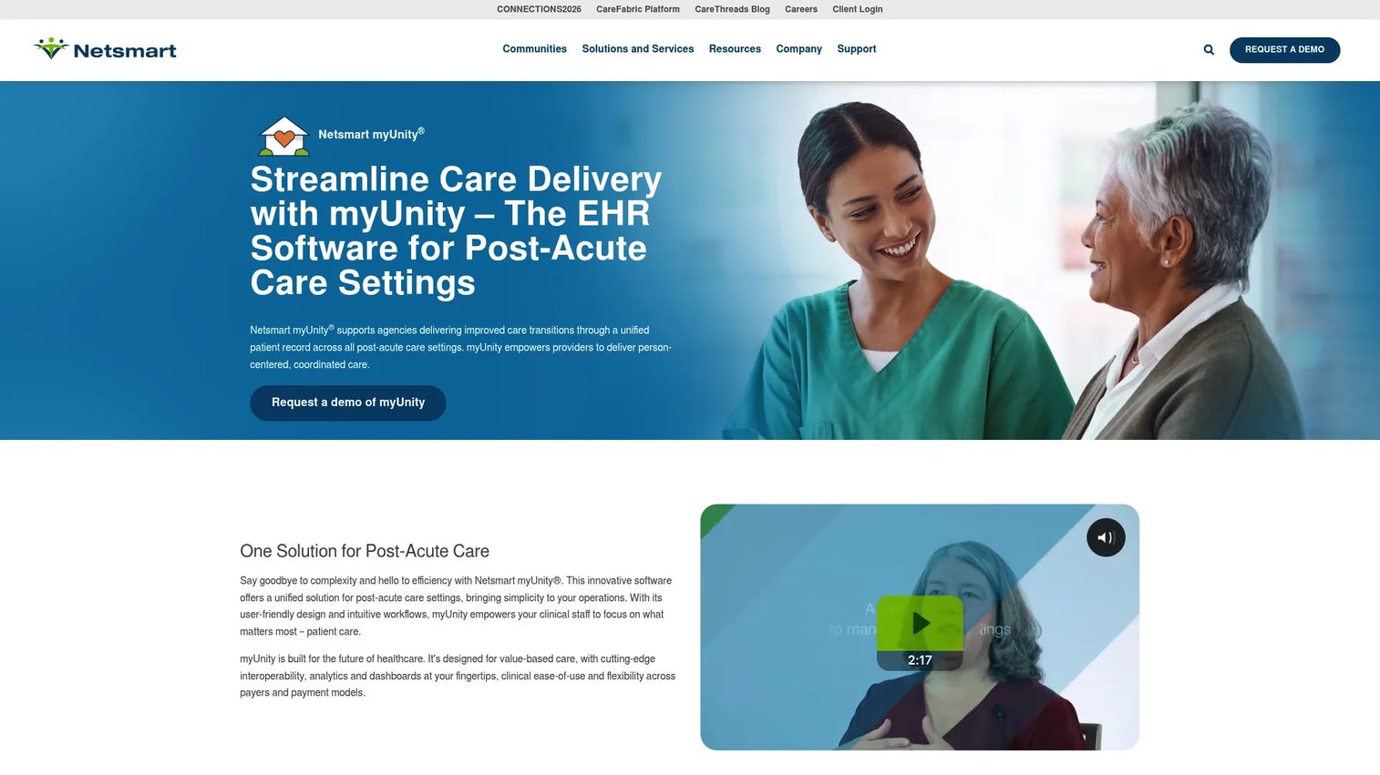 Netsmart myUnity post-acute EHR software homepage