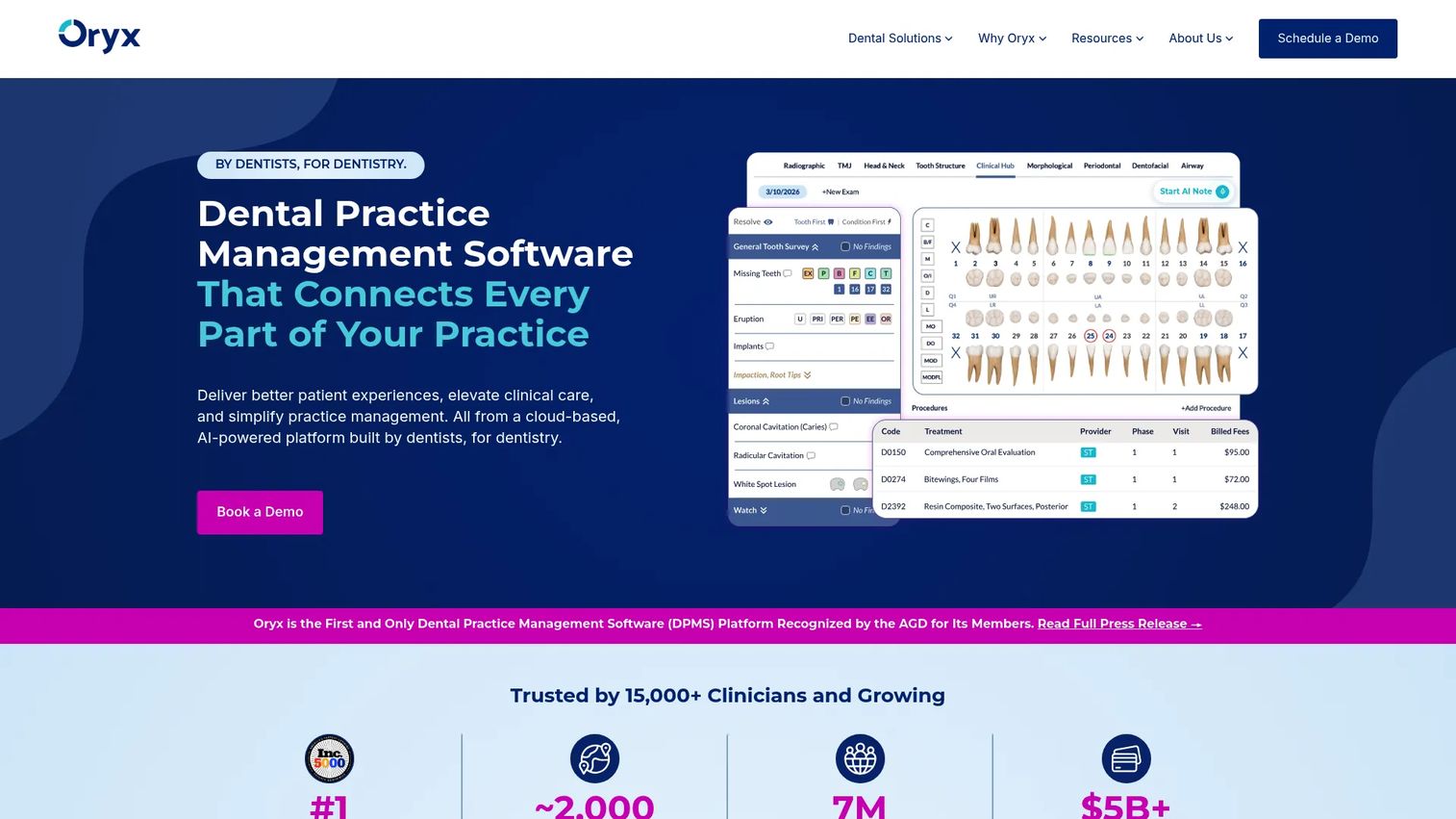 Oryx Dental AI-powered cloud software homepage