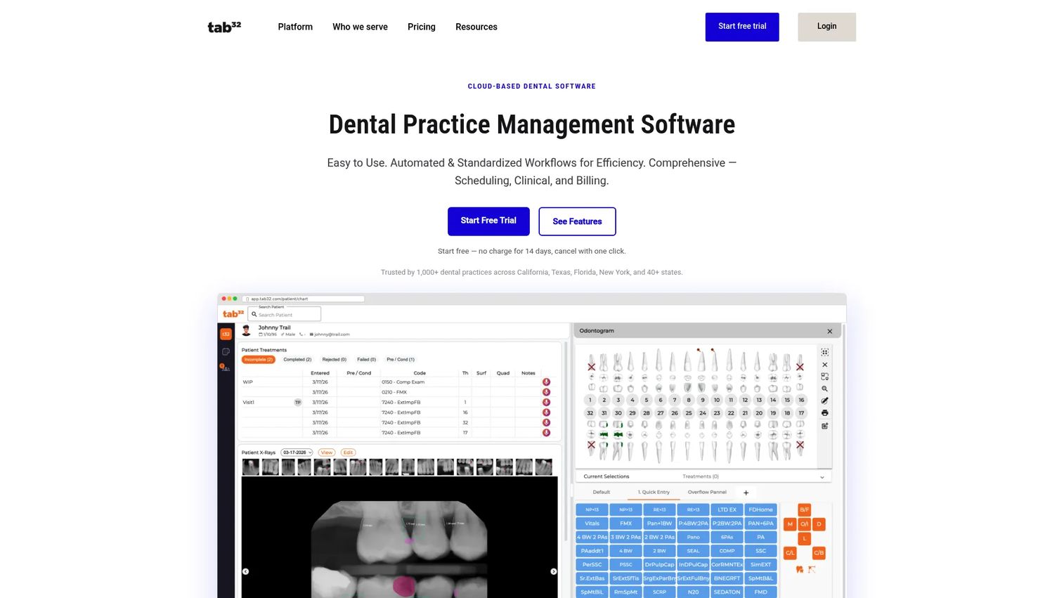 tab32 all-in-one cloud dental platform homepage