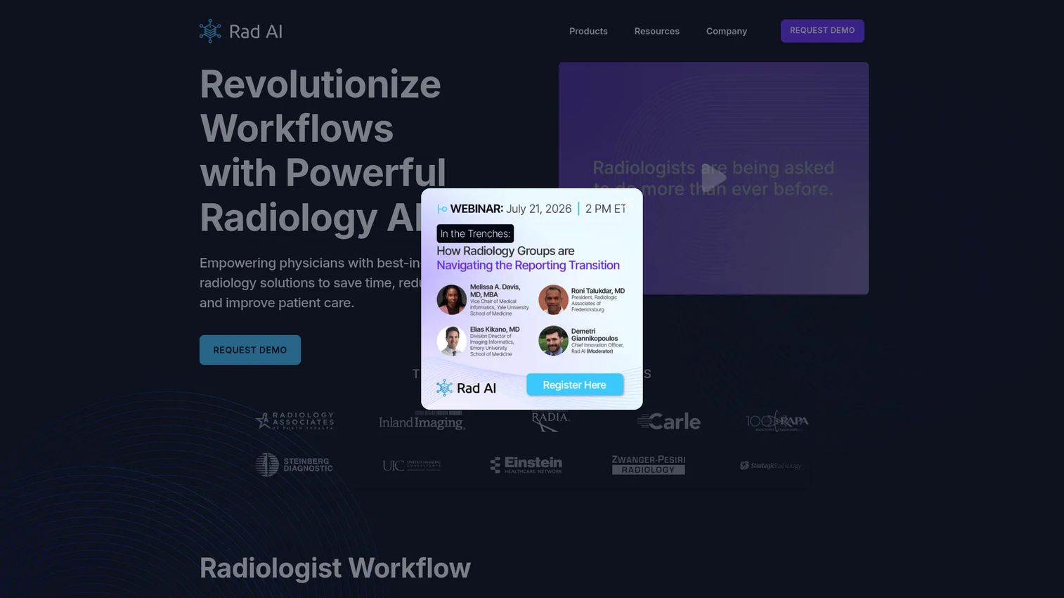 Rad AI radiology reporting software homepage