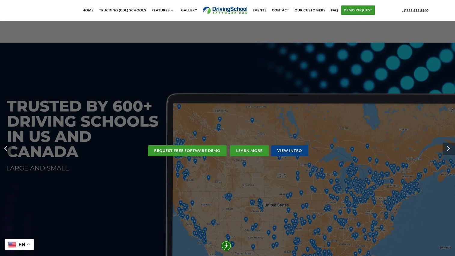 DrivingSchoolSoftware.com homepage showing driving school management features