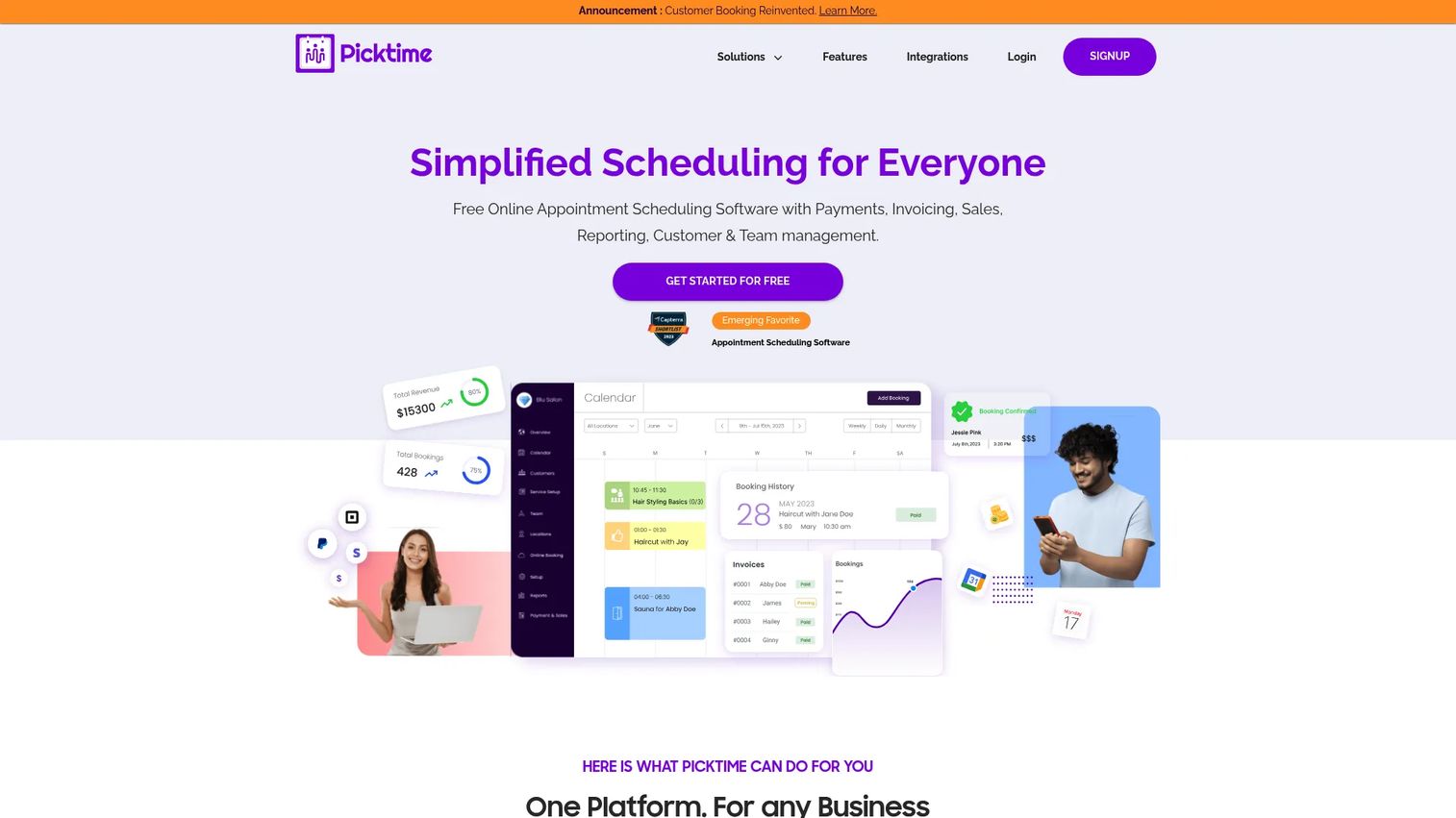 Picktime scheduling and booking software dashboard