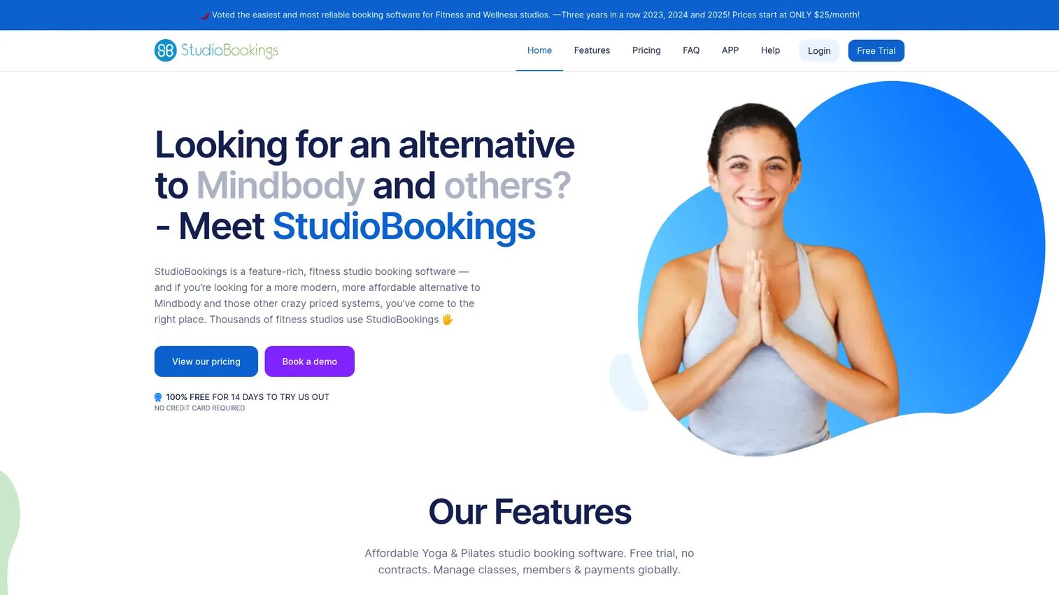 StudioBookings affordable yoga studio booking software homepage