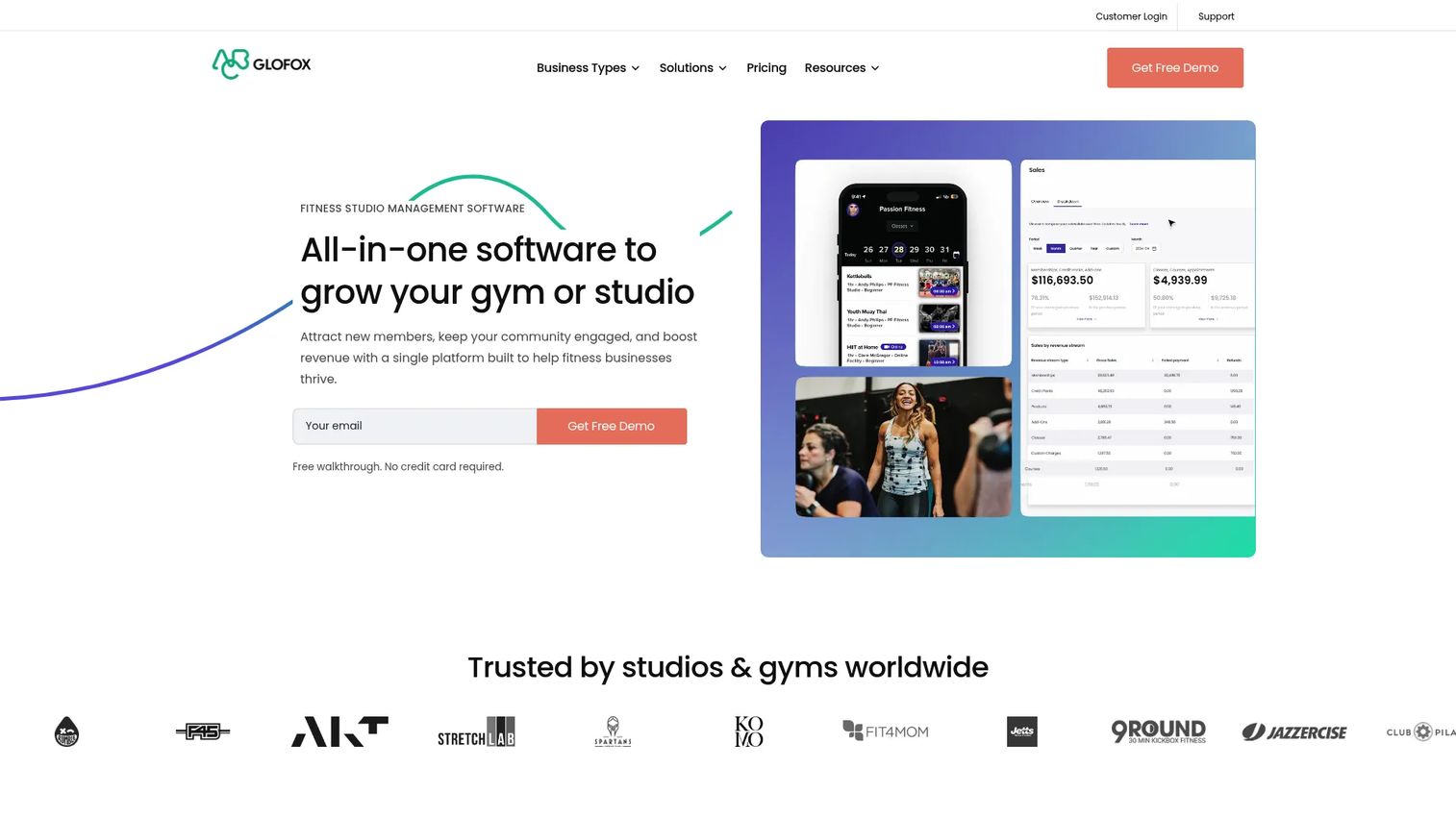 Glofox branded gym and studio management software homepage