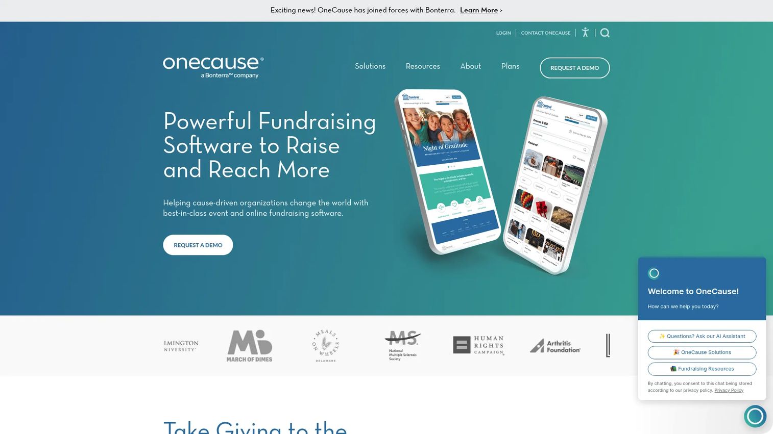 OneCause event and peer-to-peer fundraising software homepage