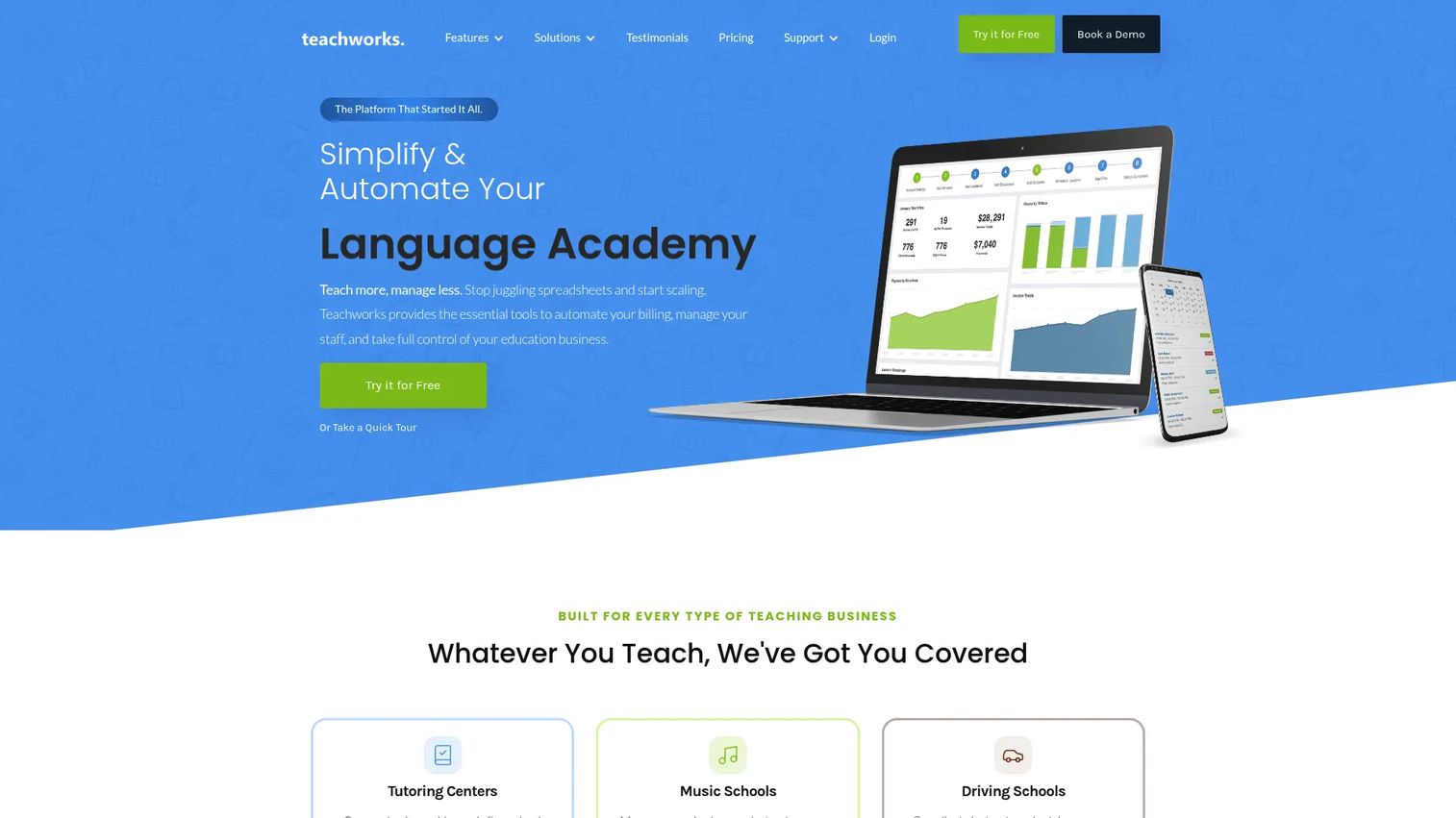 Teachworks education business management software homepage
