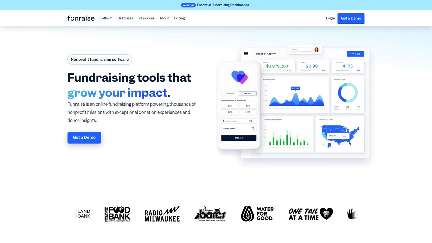 Funraise nonprofit fundraising platform homepage