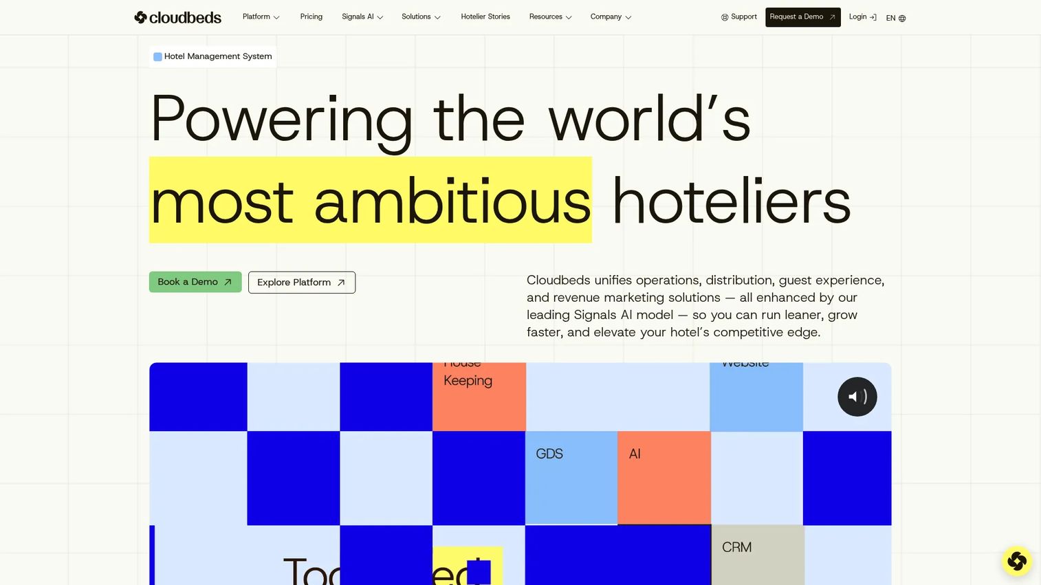 Cloudbeds hospitality management platform homepage