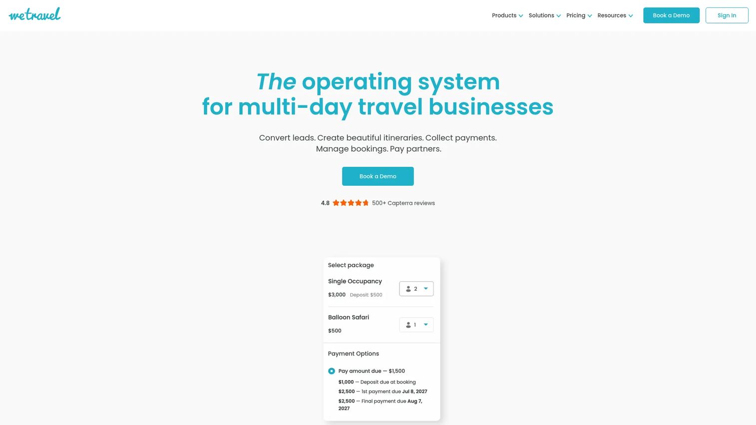 WeTravel travel agency software homepage