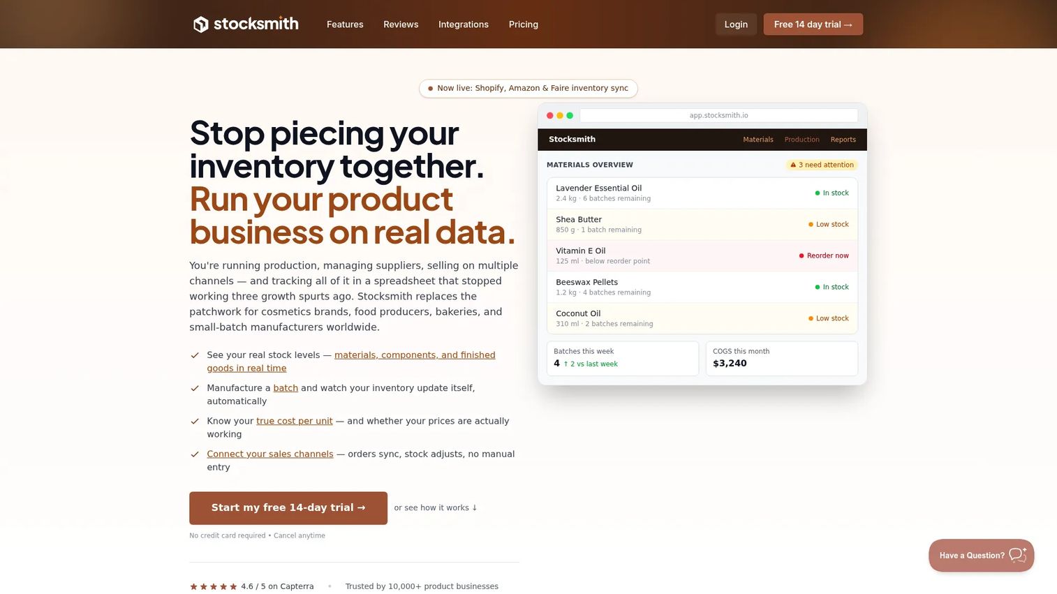 Craftybase inventory and costing software homepage