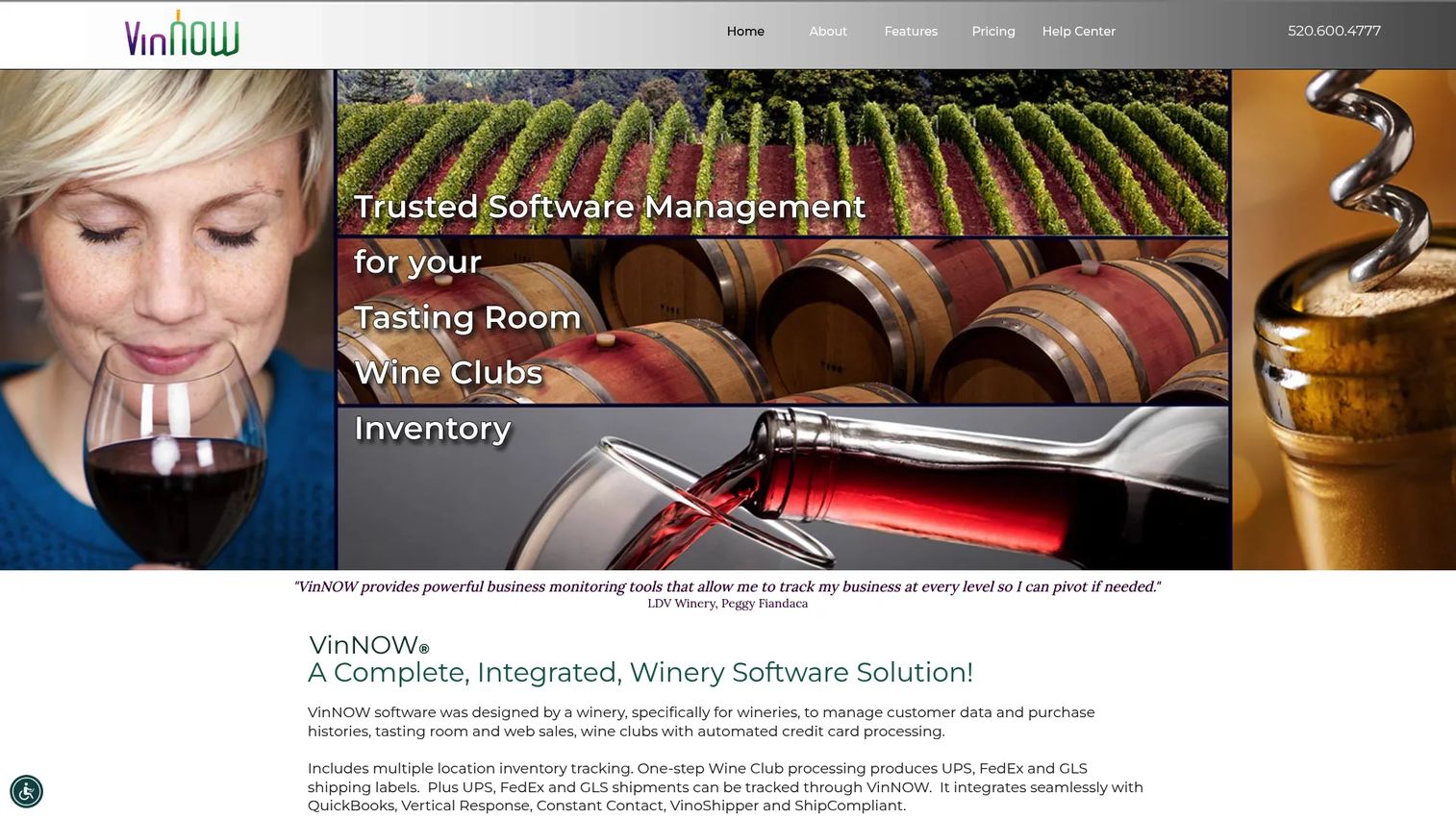 VinNOW winery management software homepage showing POS and wine club features