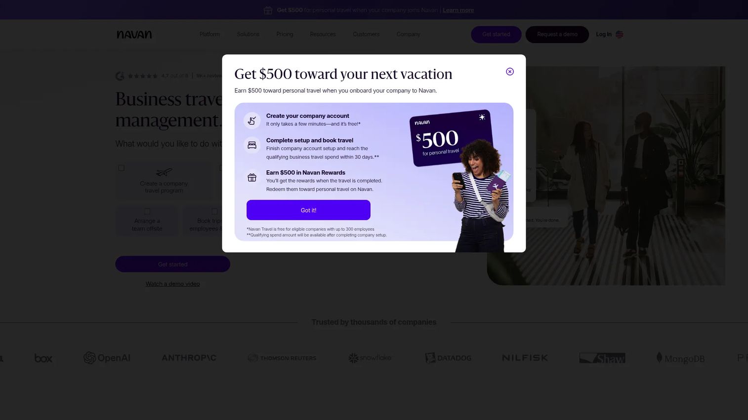 Navan business travel and expense management platform homepage