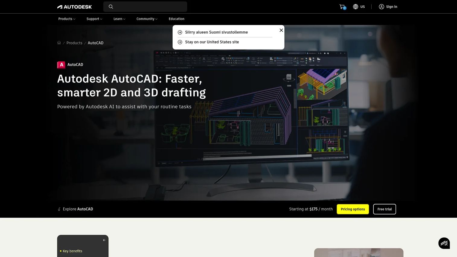 AutoCAD product page showing 2D and 3D CAD drafting software