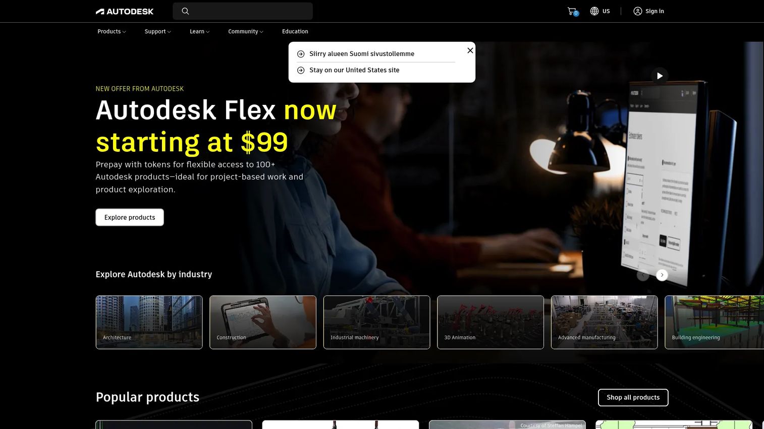 Autodesk homepage showing design and make software