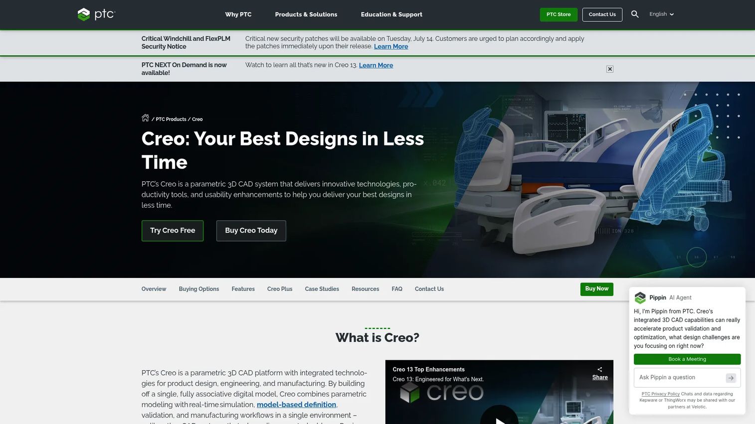 PTC Creo CAD software homepage