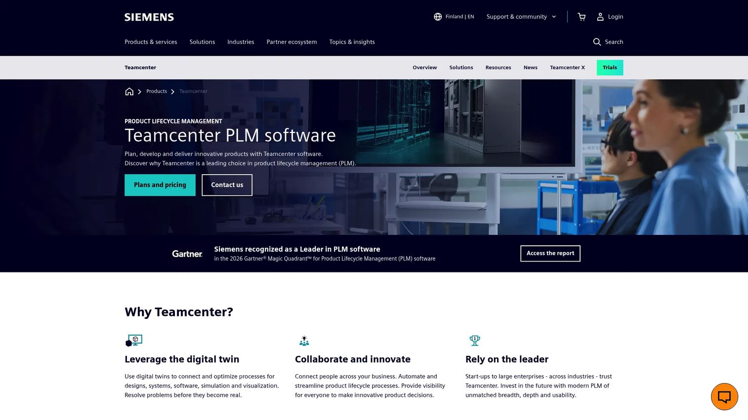 Siemens Teamcenter product lifecycle management software homepage
