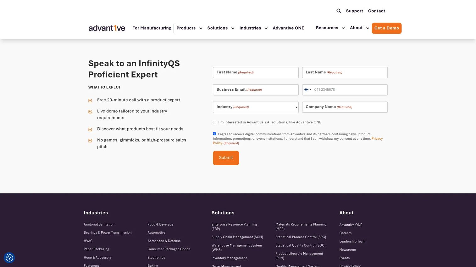 InfinityQS homepage showing manufacturing quality and real-time SPC software