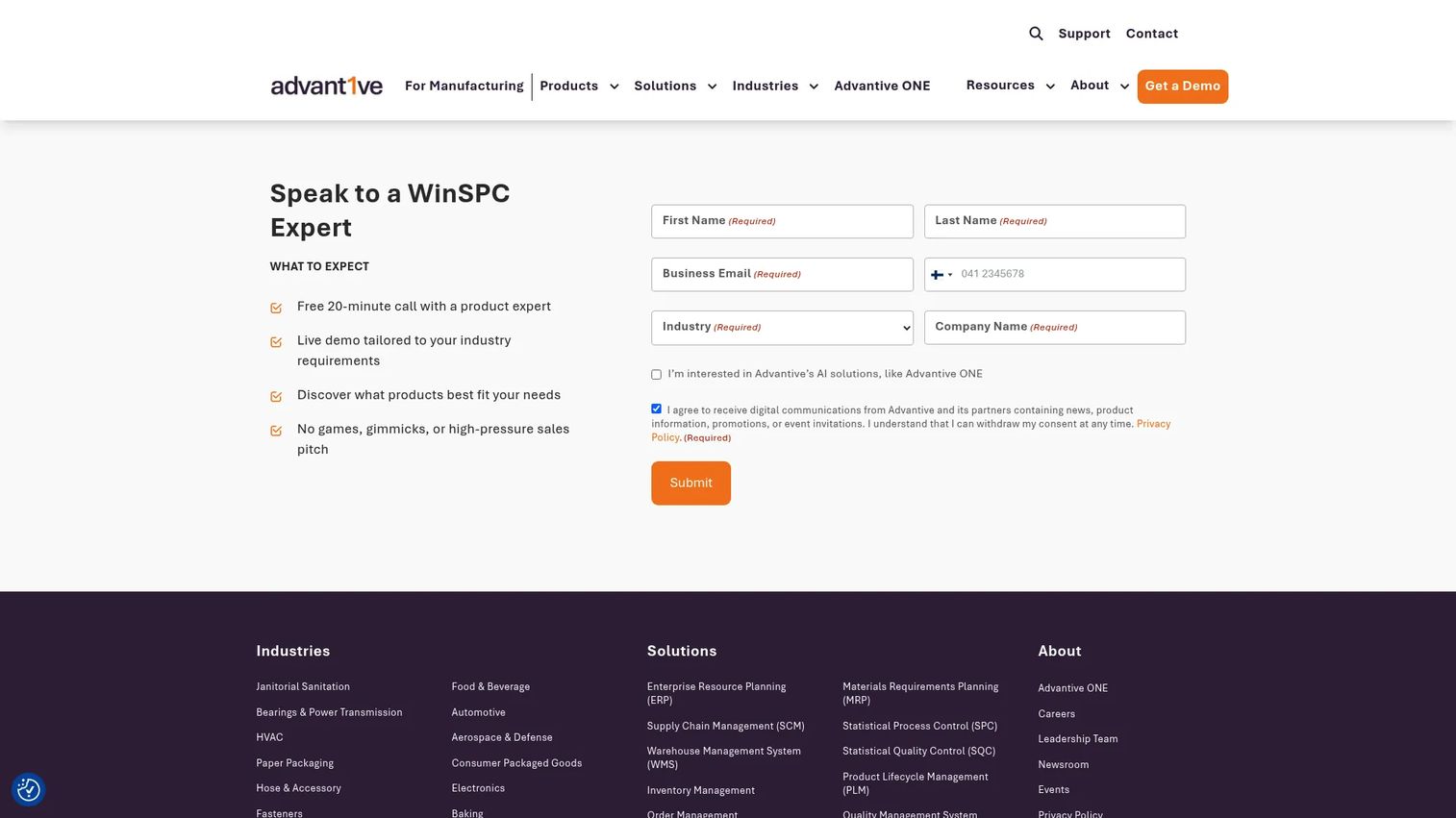 WinSPC homepage showing real-time SPC software for manufacturing quality monitoring