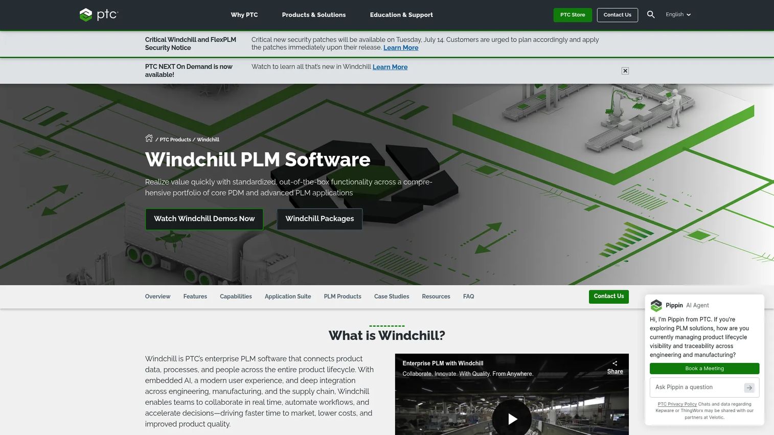 PTC Windchill enterprise PLM software homepage