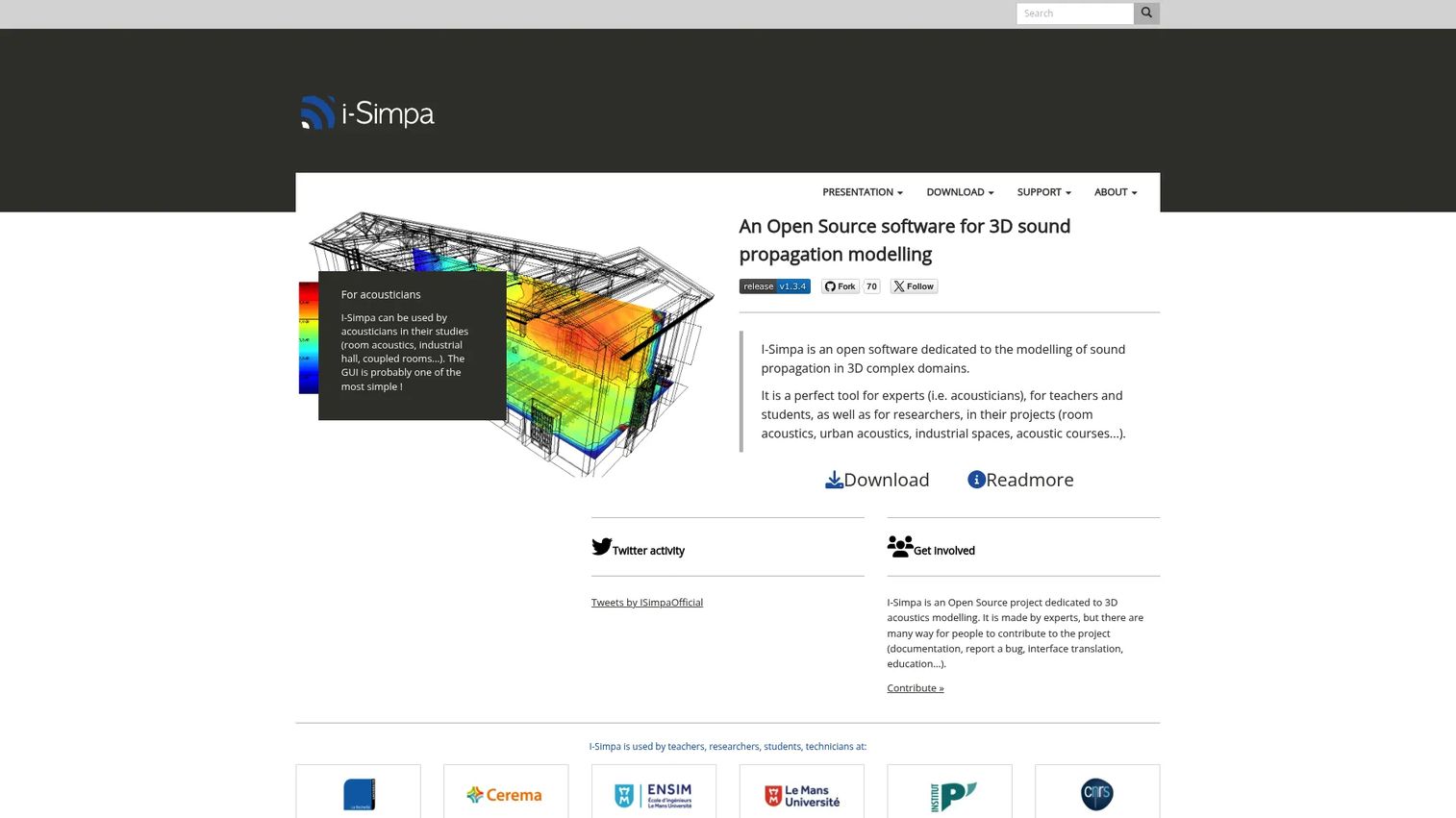 I-Simpa homepage showing open-source 3D sound propagation software