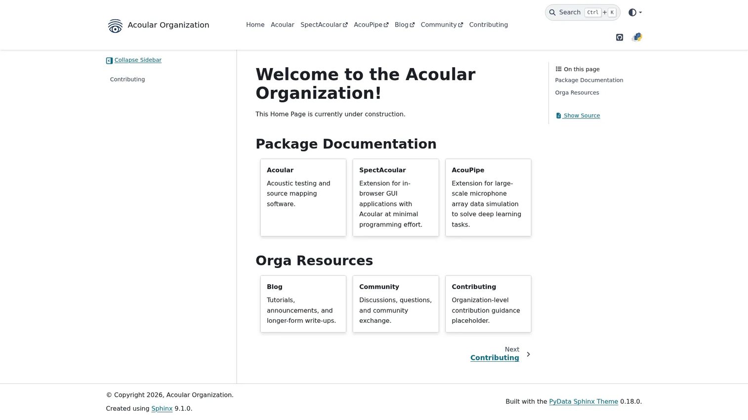 Acoular homepage showing open-source acoustic beamforming software