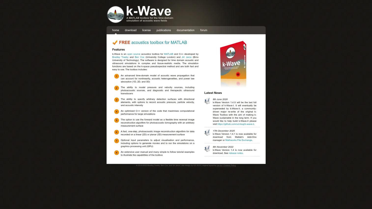k-Wave homepage showing time-domain acoustic wave simulation toolbox
