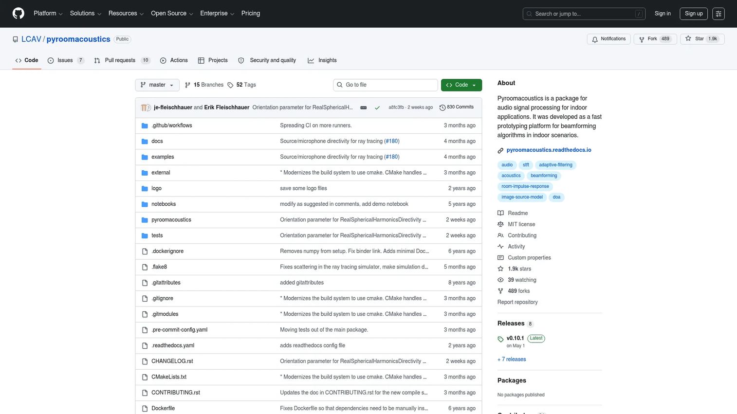 Pyroomacoustics GitHub page showing Python room acoustics package
