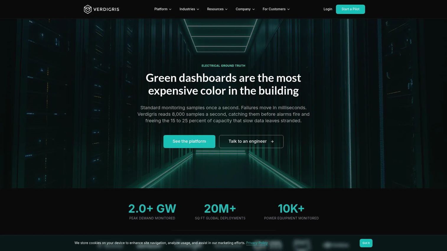 Verdigris electrical intelligence platform homepage